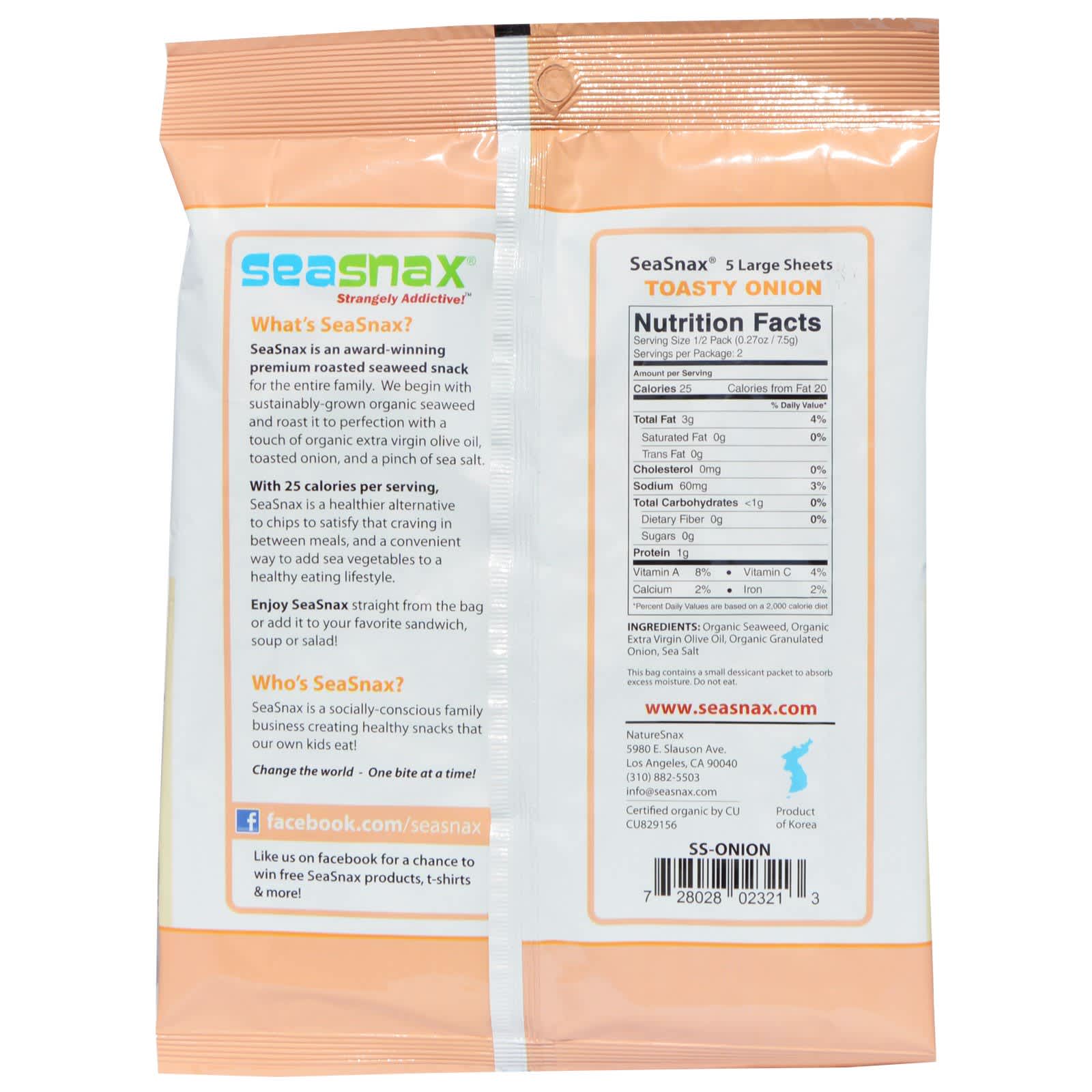 SeaSnax, Organic Premium, обжаренные морские водоросли, поджаренный лук, 15 г (0,54 унции)