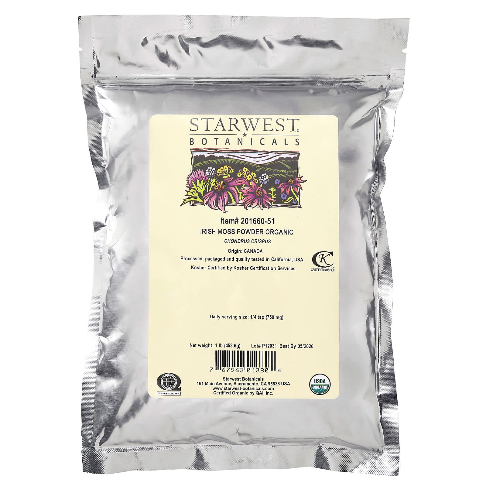 Starwest Botanicals, Порошок из органического ирландского мха, 453,6 г (1 фунт)