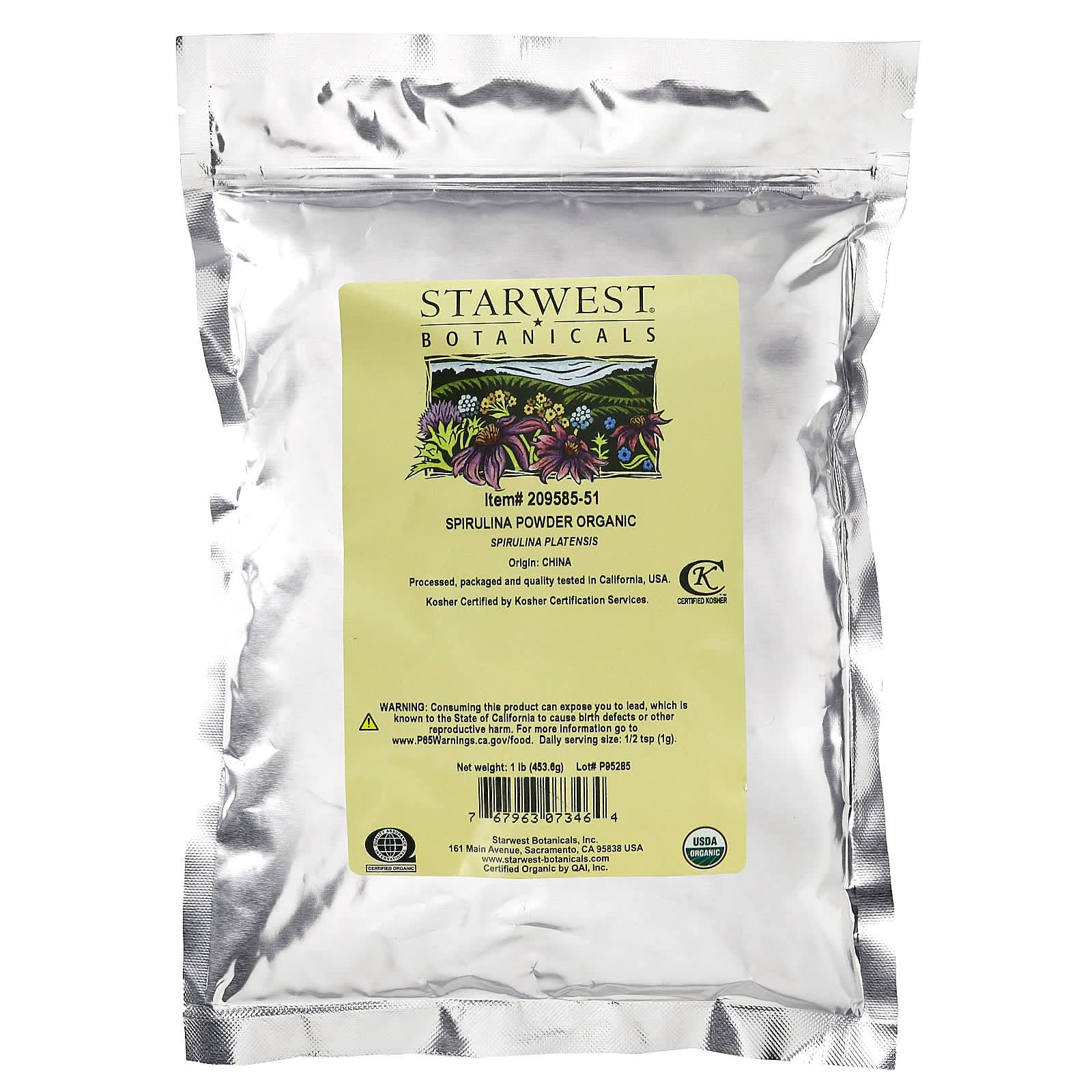 Starwest Botanicals, органический порошок из спирулины, 453,6 г (1 фунт)