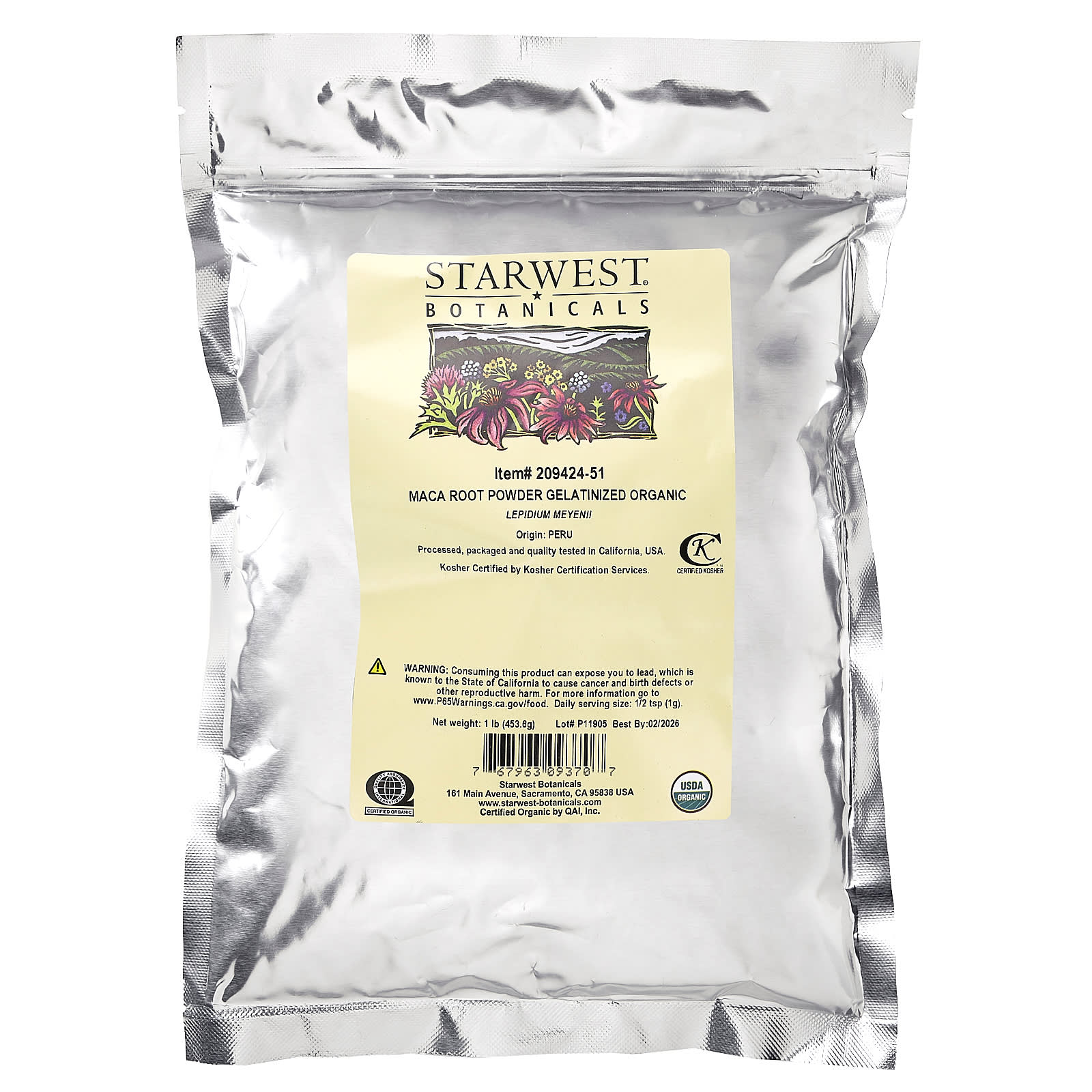 Starwest Botanicals, Порошок из органического корня маки, желатинизированный, 453,6 г (1 фунт)