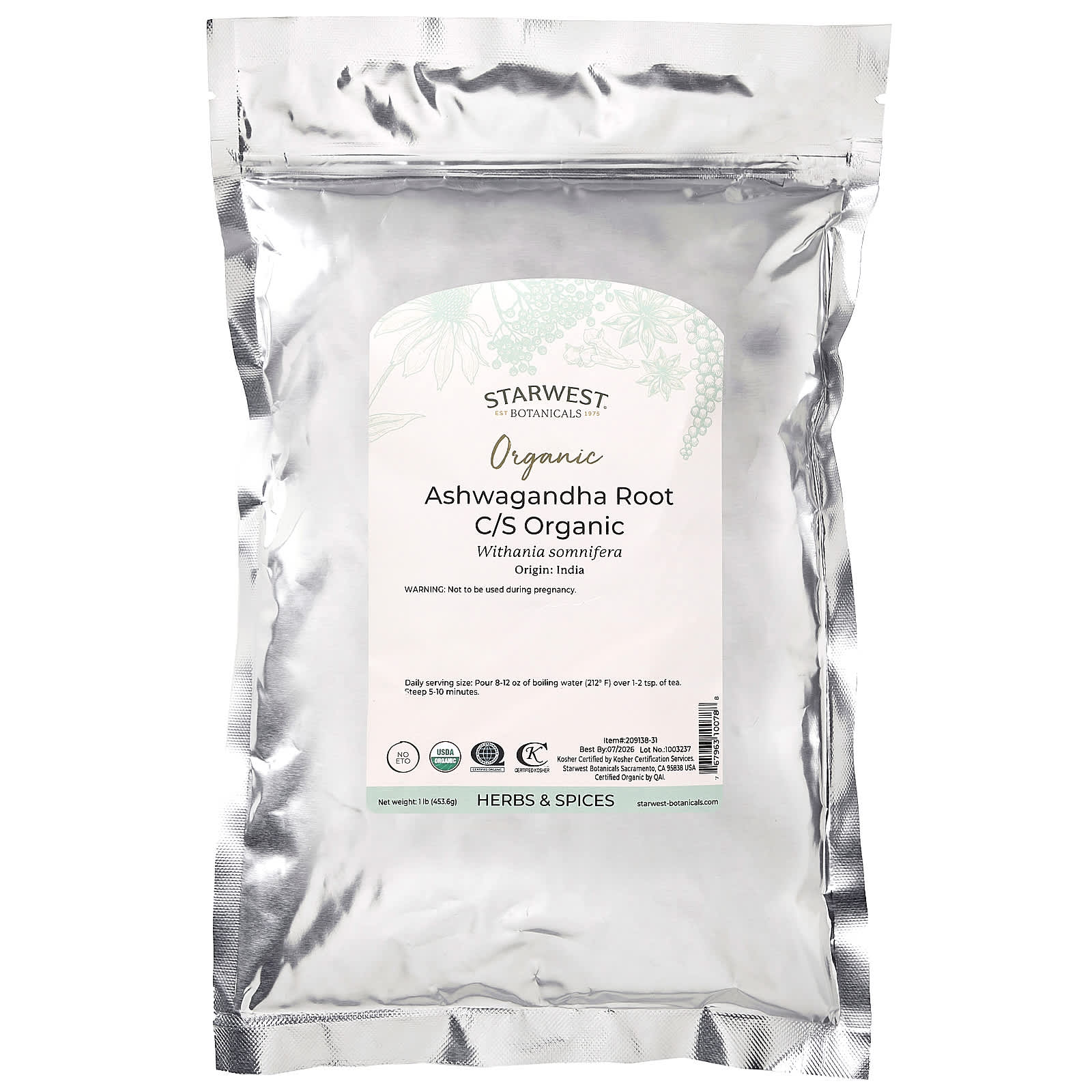 Starwest Botanicals, Органический корень ашваганды C / S, 453,6 г (1 фунт)