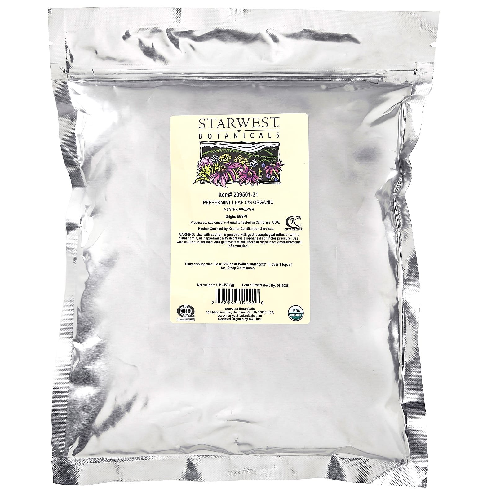 Starwest Botanicals, Органические листья перечной мяты C / S, 453,6 г (1 фунт)