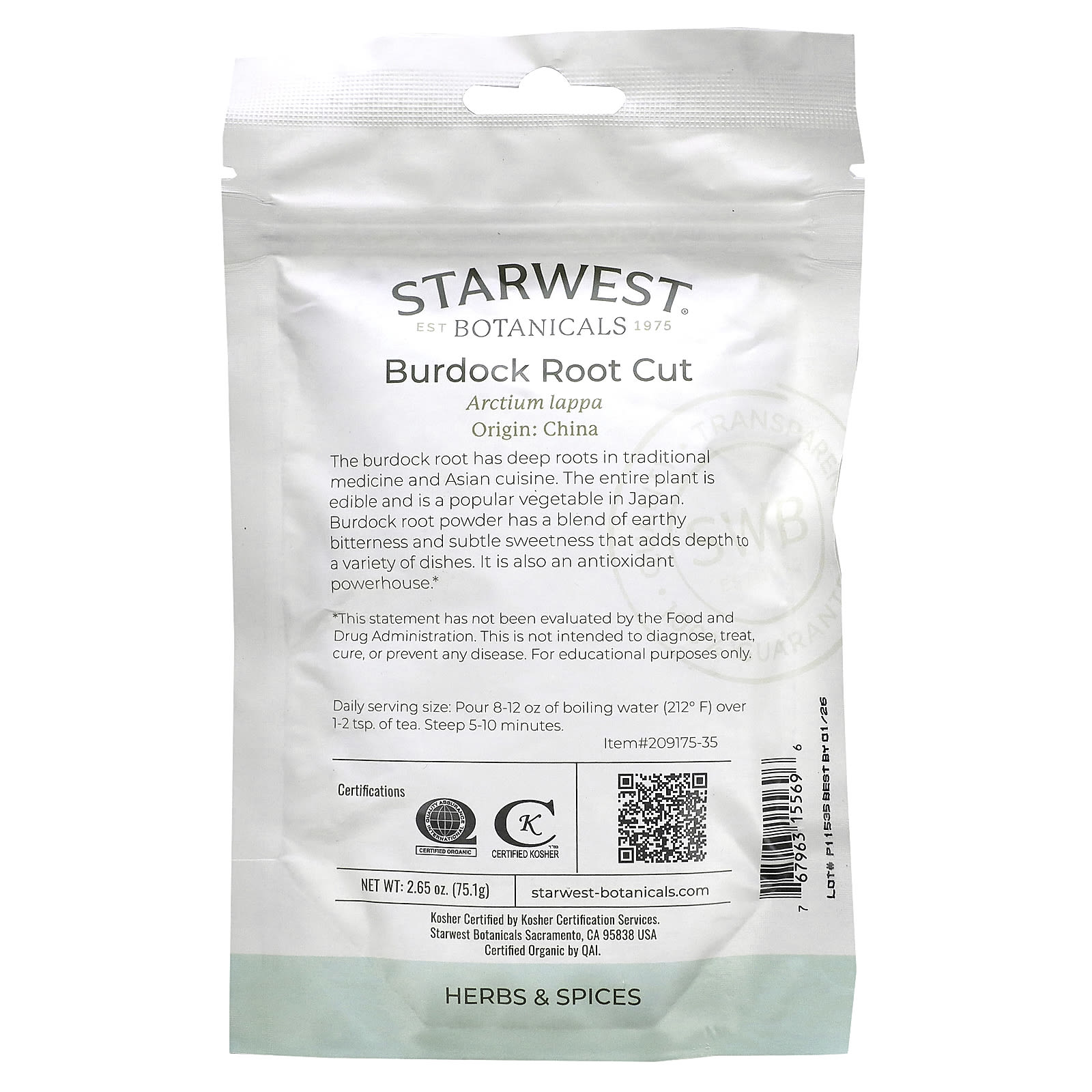 Starwest Botanicals, Органические отрезки корня лопуха, 75,1 г (2,65 унции)