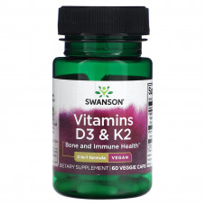 Swanson, Витамины D3 и K2, 60 растительных капсул