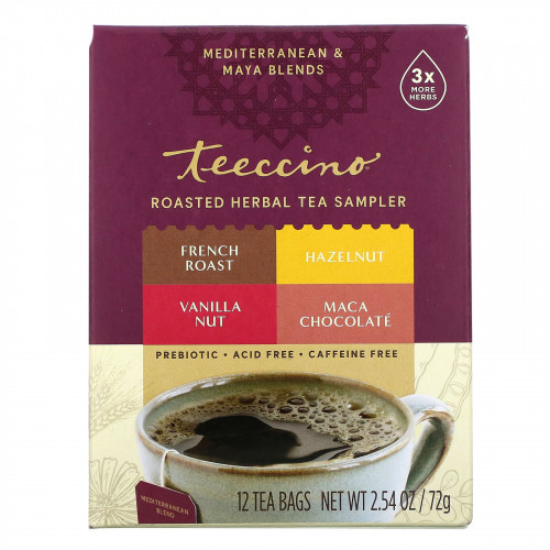 Teeccino, Пробник обжаренного травяного чая, 4 вкуса, без кофеина, 12 чайных пакетиков, 72 г (2,54 унции)