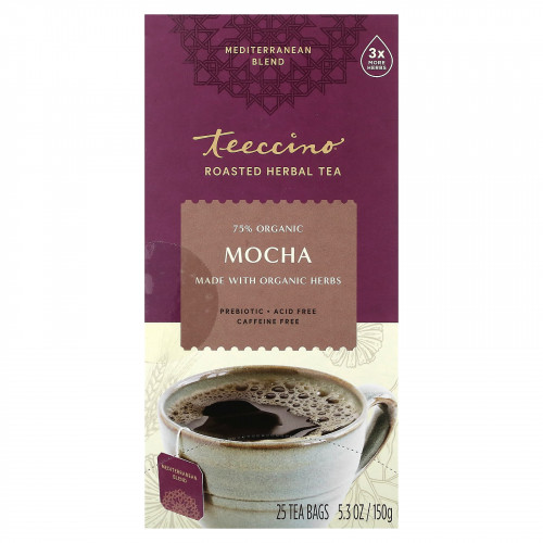 Teeccino, Жареный травяной чай, мокко, без кофеина, 25 чайных пакетиков, 150 г (5,3 унции)