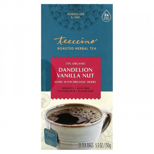 Teeccino, Жареный травяной чай, одуванчик, ваниль, орехи, без кофеина, 25 чайных пакетиков, 150 г (5,3 унции)