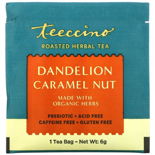Teeccino, чай из обжаренных трав, одуванчик, карамель и орех, без кофеина, 25 чайных пакетиков, 150 г (5,3 унции)