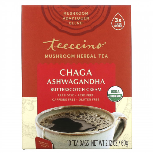 Teeccino, чай из грибов и трав, органическая чага, ашвагандха, «Жидкий ирис», без кофеина, 10 чайных пакетиков, 60 г (2,12 унции)