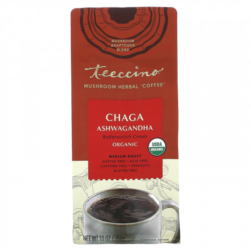 Teeccino, Травяной кофе с грибами, средней обжарки, чага ашваганда, без кофеина, 284 г (10 унций)