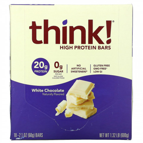 Think !, Высокопротеиновые батончики, белый шоколад, 10 батончиков по 60 г (2,1 унции)
