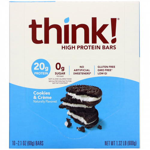 Think !, батончик с высоким содержанием протеина, печенье и сливки, 10 батончиков по 60 г (2,1 унции) каждый