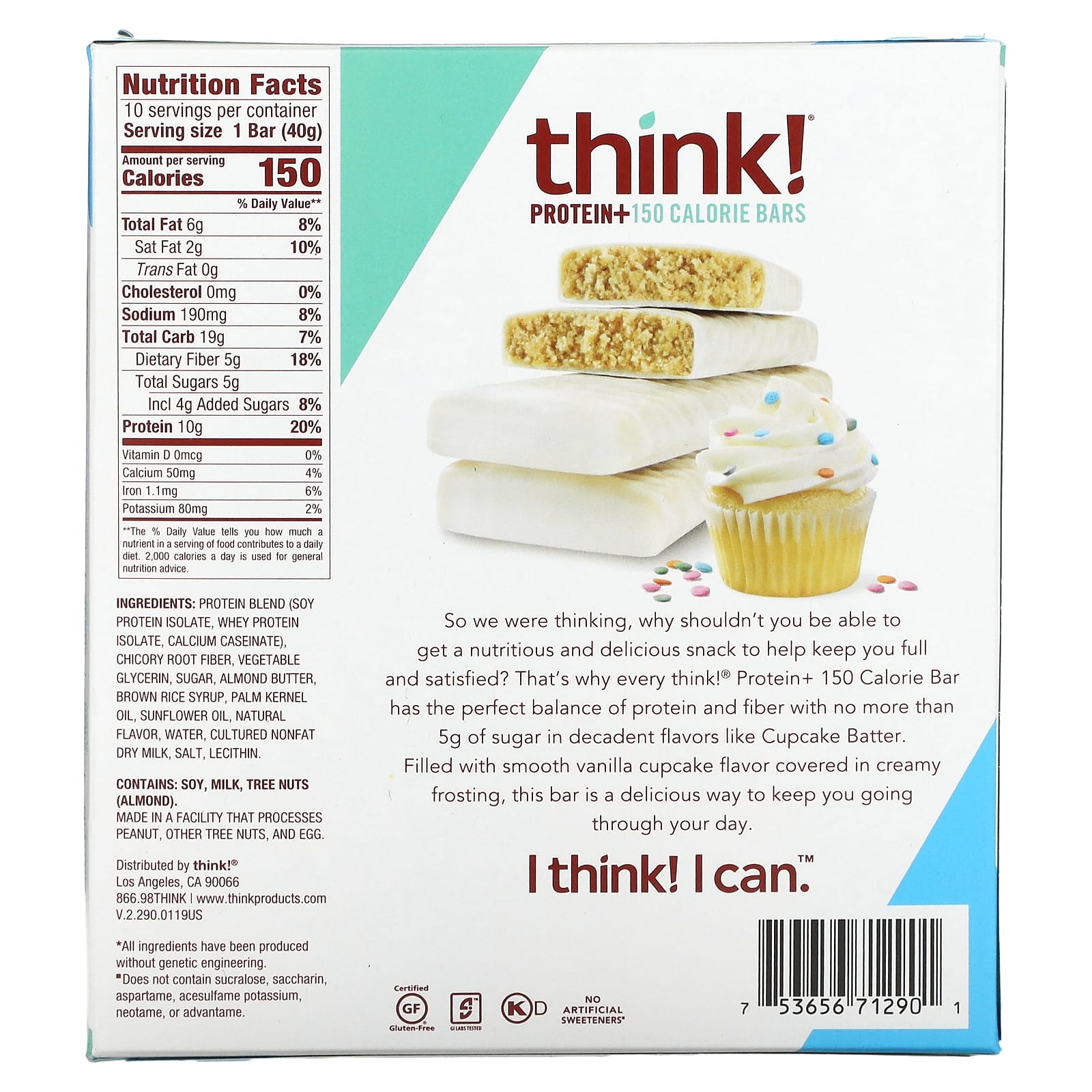 Think !, Protein+, 10 батончиков Cupcake Batter по 40 г (1,41 унции) и 150 калорий каждый