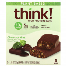 Think !, Батончики с высоким содержанием протеина, шоколад и мята, 5 батончиков, по 53 г (1,86 унции)