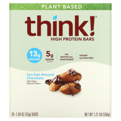 Think !, Батончики с высоким содержанием протеина, с морской солью, миндалем и шоколадом, 10 баточников, 1,94 унц. (55 г) каждый