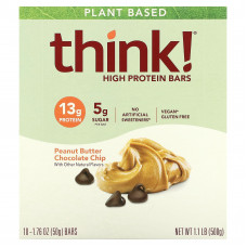 Think !, Батончики с высоким содержанием протеина, арахисовая паста и шоколадная крошка, 10 батончиков, 50 г (1,76 унции)