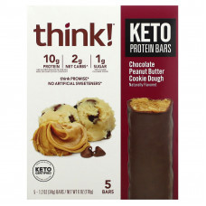 Think !, Keto Protein Bars, шоколадное печенье с арахисовым маслом, 5 батончиков, 34 г (1,2 унции)