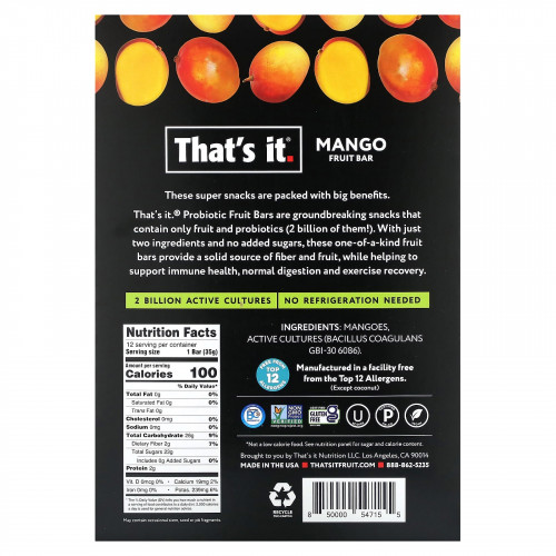 That's It, фруктовый батончик с пробиотиками и пребиотиками, со вкусом манго, 12 батончиков по 35 г (1,2 унции)