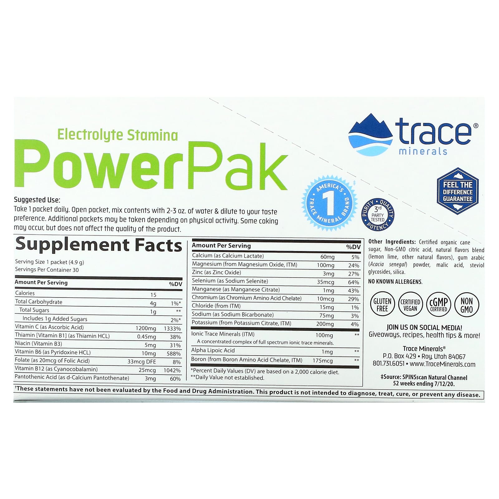 Trace Minerals ®, Electrolyte Stamina PowerPak, Лимонный лайм, 30 пакетов по 0,17 унции (4,9 г) каждый