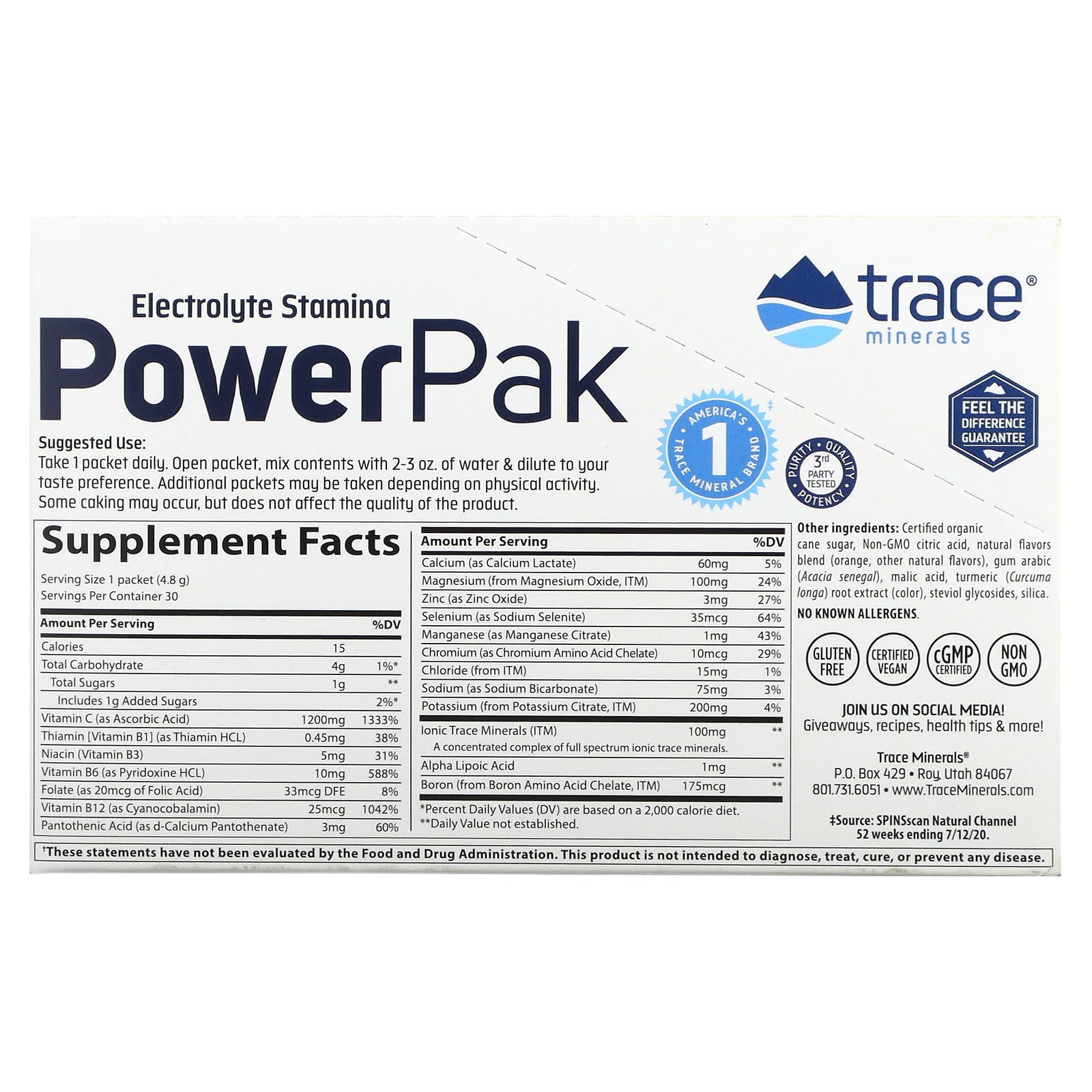 Trace Minerals ®, PowerPak,электролит для повышения выносливости, со вкусом апельсина, 30 пакетиков по 4,8 г (0,17 унции)