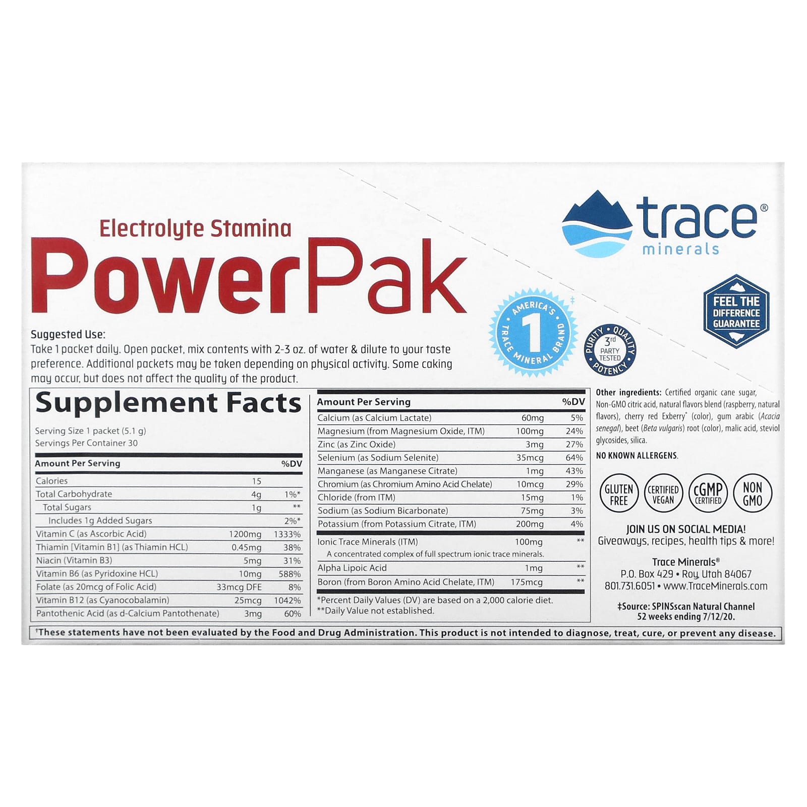 Trace Minerals ®, Electrolyte Stamina PowerPak, малиновый, 30 пакетиков по 5,1 г (0,18 унции)