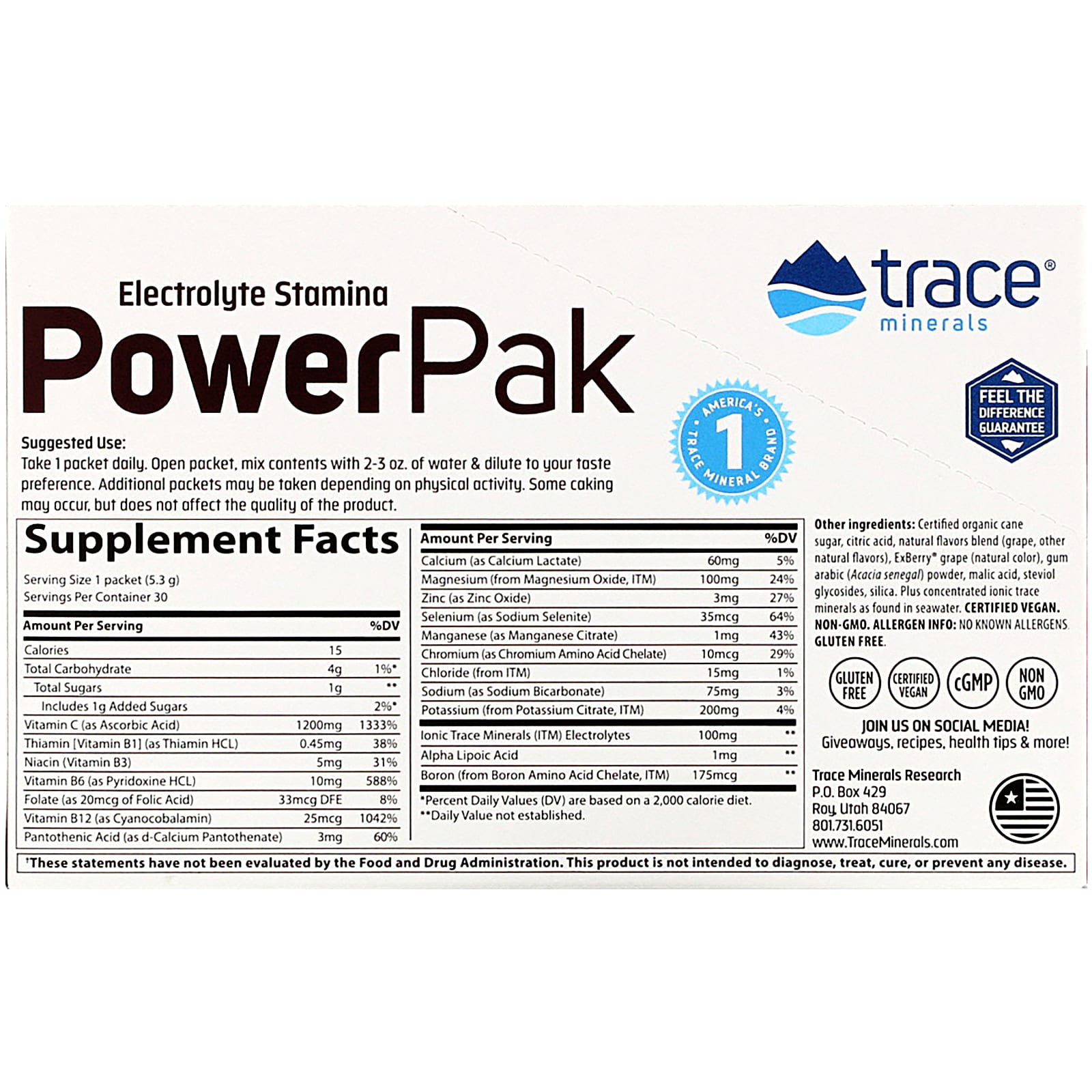 Trace Minerals ®, Electrolyte Stamina PowerPak, виноград Конкорд, 30 пакетиков. 5,3 г (0,19 унции) каждый