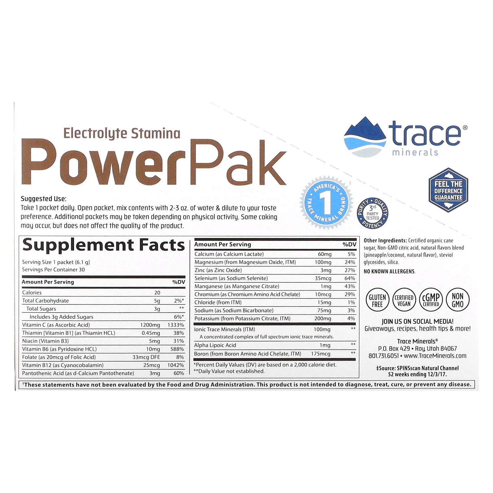 Trace Minerals ®, PowerPak, электролит для повышения выносливости, ананас и кокос, 30 пакетиков, по 6,1 г (0,22 унции)