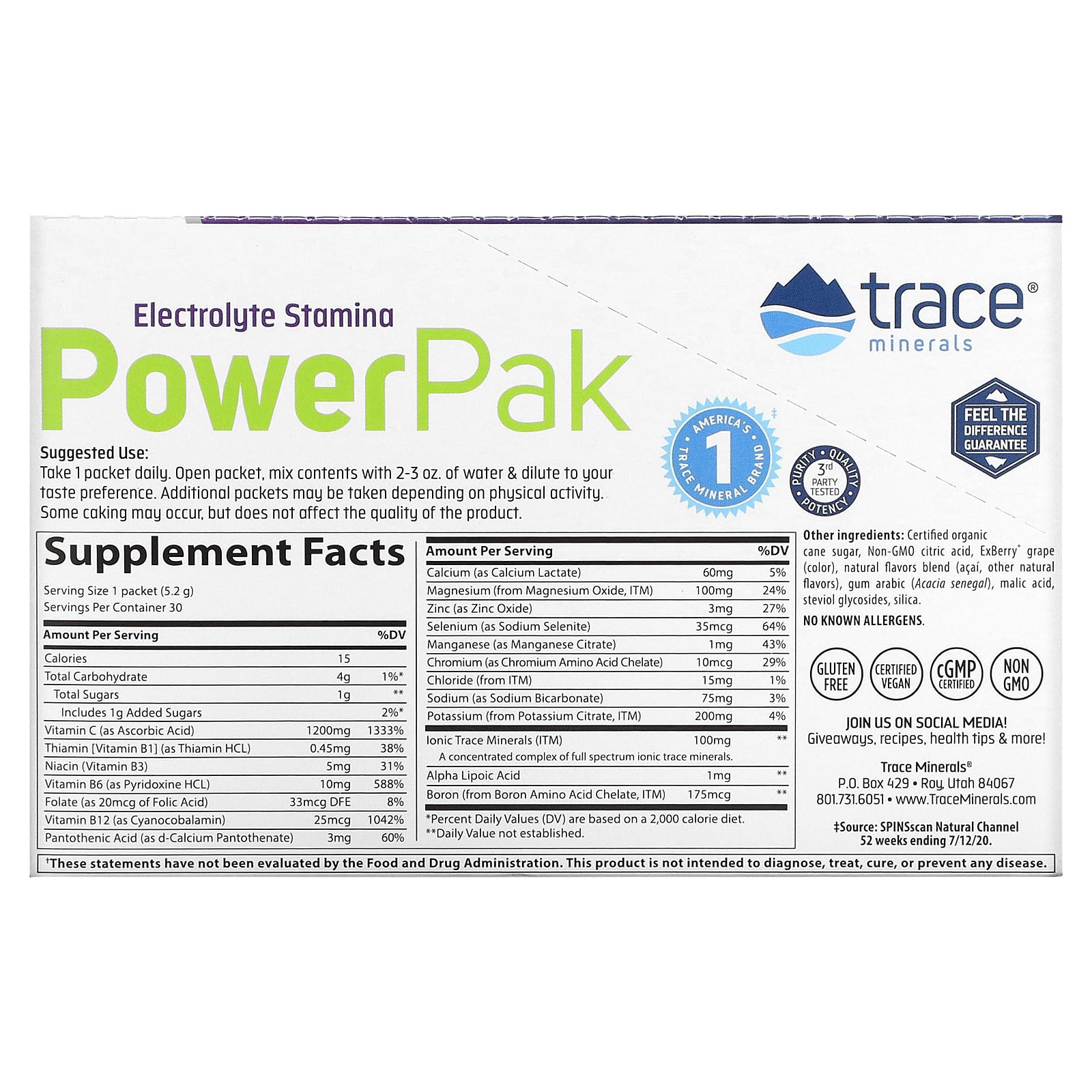 Trace Minerals ®, электролит для повышения выносливости, PowerPak, со вкусом ягод асаи, 30 пакетиков по 5,2 г (0,18 унции)