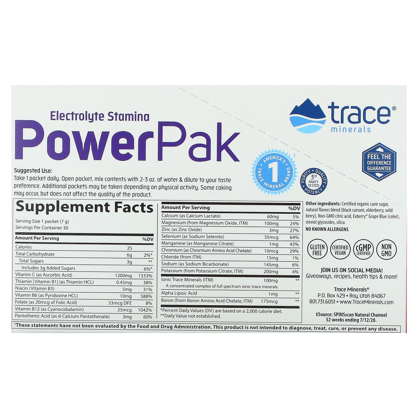 Trace Minerals ®, Electrolyte Stamina PowerPak, ягодная смесь, 30 пакетиков по 7 г (0,25 унции)