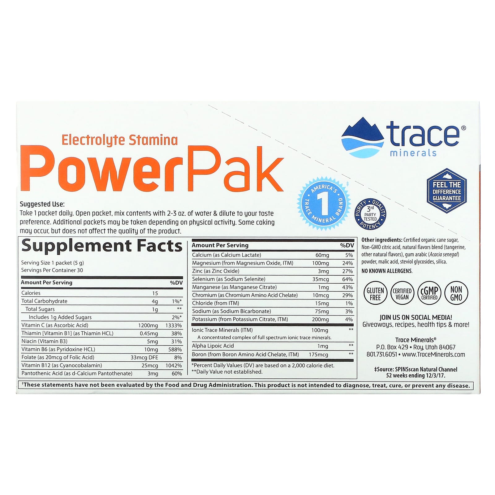 Trace Minerals ®, электролит для повышения выносливости, PowerPak, со вкусом мандарина, 30 пакетиков по 5 г (0,18 унции)