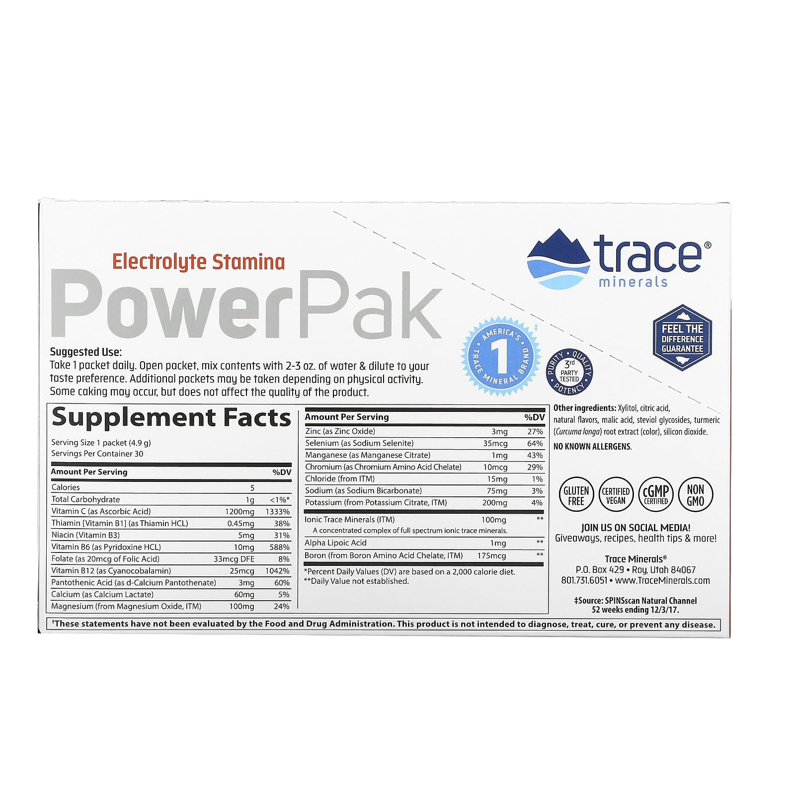 Trace Minerals ®, Electrolyte Stamina PowerPak, без сахара, цитрусовые, 30 пакетиков по 4,9 г (0,17 унции)