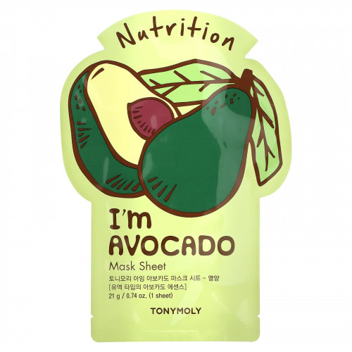 Tony Moly, I'm Avocado, питательная тканевая маска, 1 шт., 21 г (0,74 унции)