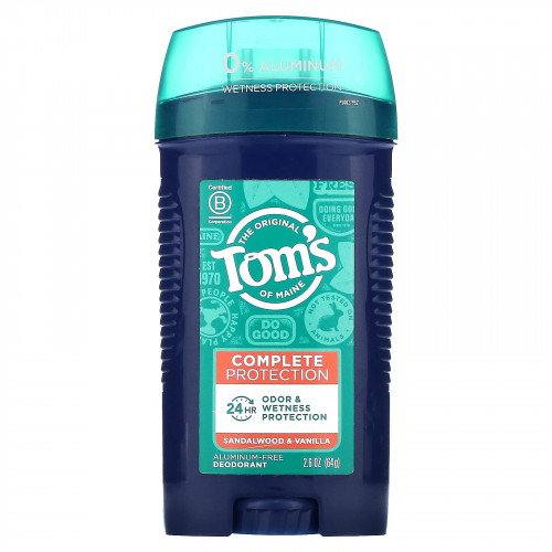 Tom's of Maine, Дезодорант для комплексной защиты, без алюминия, сандаловое дерево и ваниль, 64 г (2,6 унции)