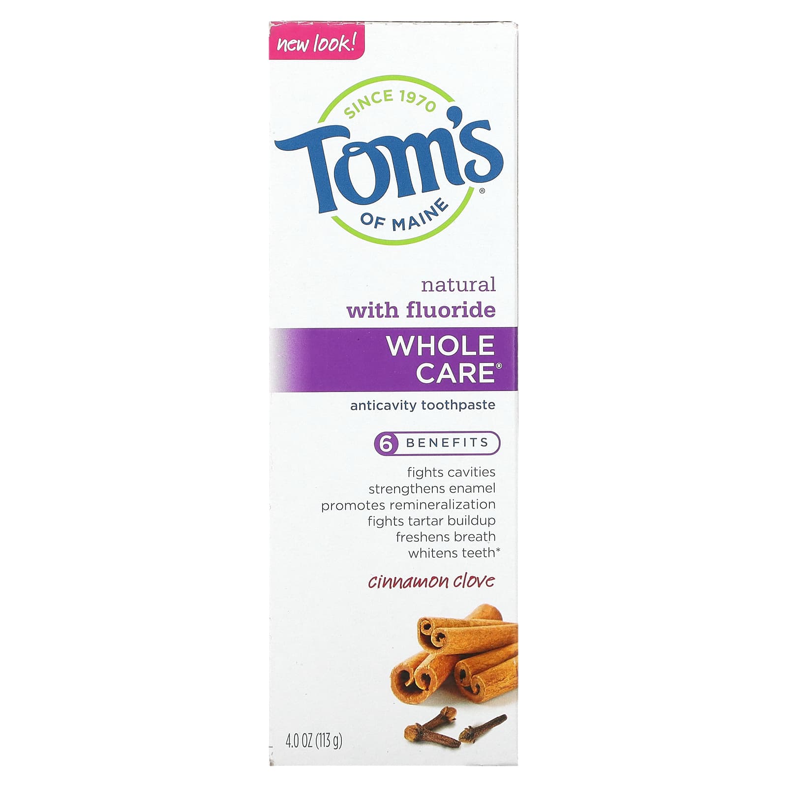 Tom's of Maine, Whole Care, натуральная зубная паста от кариеса с фтором, гвоздика и корица, 113 г (4 унции)