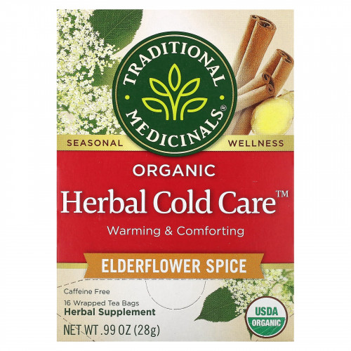Traditional Medicinals, Herbal Cold Care, органическое средство от простуды, цветки бузины со специями, без кофеина, 16 чайных пакетиков в индивидуальной упаковке, по 1,75 г (0,6 унции) каждый