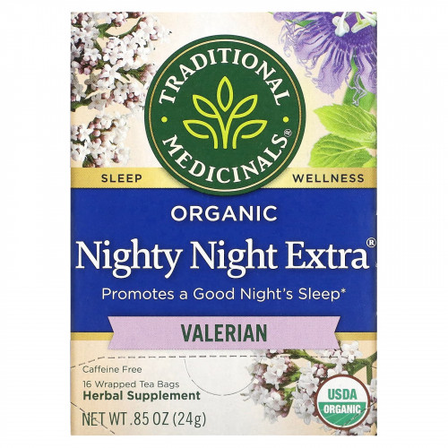 Traditional Medicinals, Nighty Night Extra, чай из органической валерианы, 16 отдельно упакованных чайных пакетиков, 24 г (85 унций)