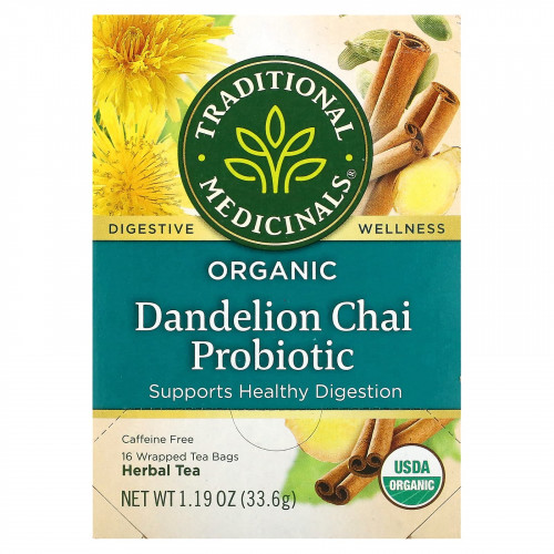 Traditional Medicinals, Organic Dandelion Chai Probiotic, пробиотический чайс одуванчиком, 16 чайных пакетиков, 33,6 г (1,19 унции)