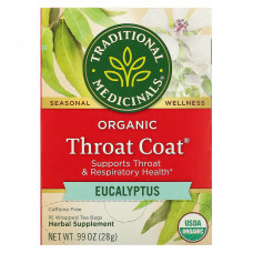 Traditional Medicinals, Organic Throat Coat, эвкалипт, без кофеина, 16 чайных пакетиков в упаковке, 28 г (0,99 унции)