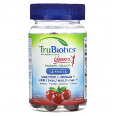 TruBiotics, Пробиотик и коллаген для женщин, для здоровья пищеварительной системы, мочевыводящей системы, здоровья волос / кожи / ногтей, клюква и малина, 50 жевательных таблеток