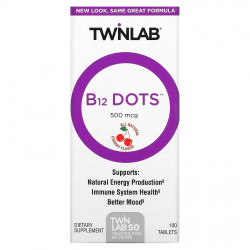 Twinlab, B12 Dots, вишня, 500 мкг, 100 таблеток