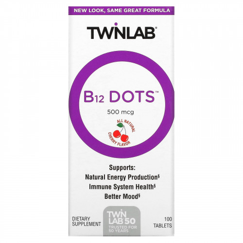 Twinlab, B12 Dots, вишня, 500 мкг, 100 таблеток