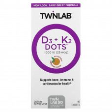 Twinlab, D3 Dots + K2, полностью натуральный мандарин, 1000 МЕ (25 мкг), 60 таблеток (Товар снят с продажи) 
