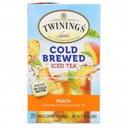 Twinings, холодный чай со льдом, несладкий черный чай, со вкусом персика, 20 чайных пакетиков на одну порцию, 40 г (1,41 унции)