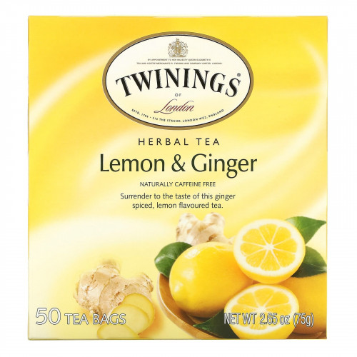 Twinings, травяной чай, лимон и имбирь, без кофеина, 50 чайных пакетиков, 75 г (2,65 унции)