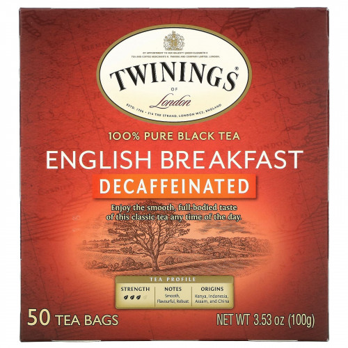 Twinings, English Breakfast, черный чай без кофеина, 50 чайных пакетиков, 100 г (3,53 унции)