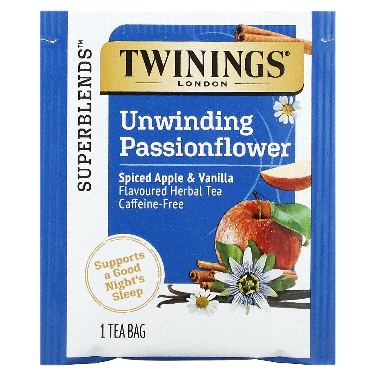 Twinings, Успокаивающий травяной чай, страстоцвет и ромашка, пряное яблоко и ваниль, без кофеина, 18 пакетиков по 0,95 унц. (27 г)