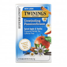 Twinings, Успокаивающий травяной чай, страстоцвет и ромашка, пряное яблоко и ваниль, без кофеина, 18 пакетиков по 0,95 унц. (27 г)