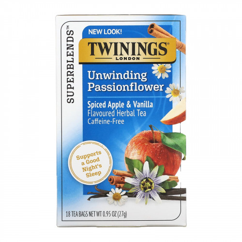 Twinings, Успокаивающий травяной чай, страстоцвет и ромашка, пряное яблоко и ваниль, без кофеина, 18 пакетиков по 0,95 унц. (27 г)