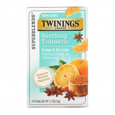 Twinings, Успокаивающий травяной чай, куркума, апельсин и анис звездчатый, без кофеина, 18 пакетиков по 1,27 унц. (36 г)