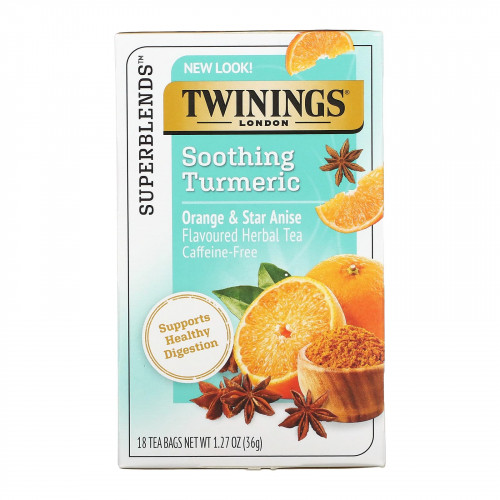 Twinings, Успокаивающий травяной чай, куркума, апельсин и анис звездчатый, без кофеина, 18 пакетиков по 1,27 унц. (36 г)